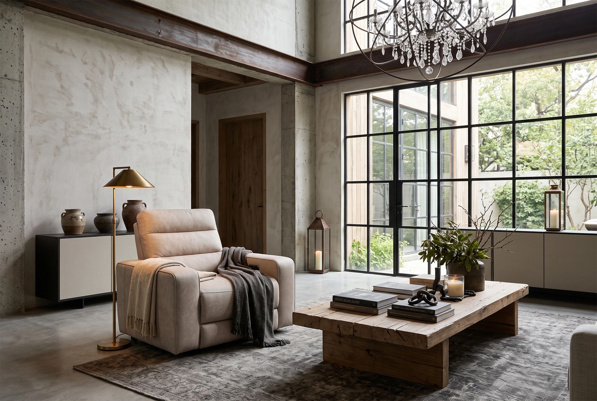 3D lifestyle rendering of Morrison 42-inch taupe power recliner chair in a modern organic luxury living room.