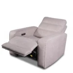 Side angle of Morrison suede-feel power recliner chair in full recline lounging position.