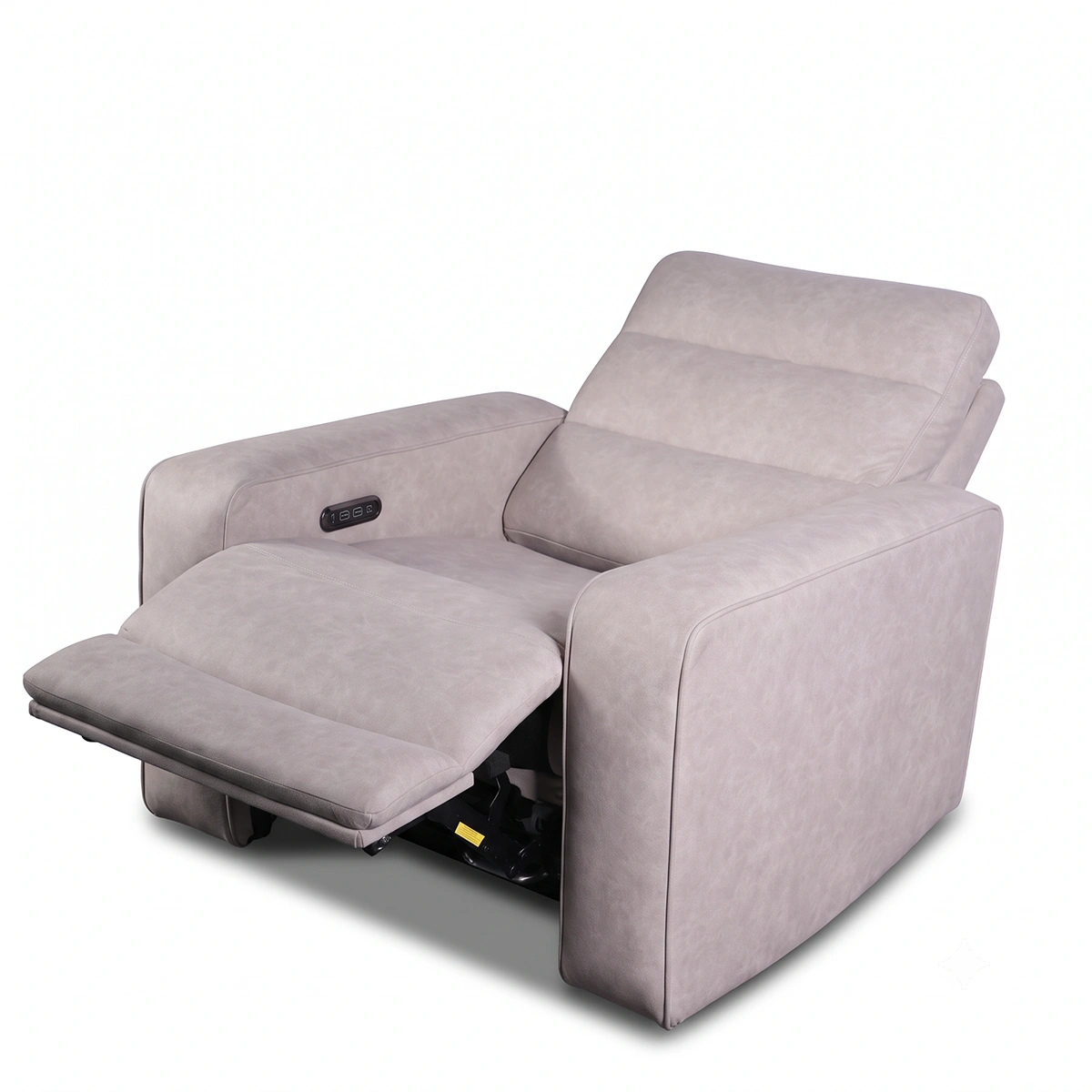 Side angle of Morrison suede-feel power recliner chair in full recline lounging position.