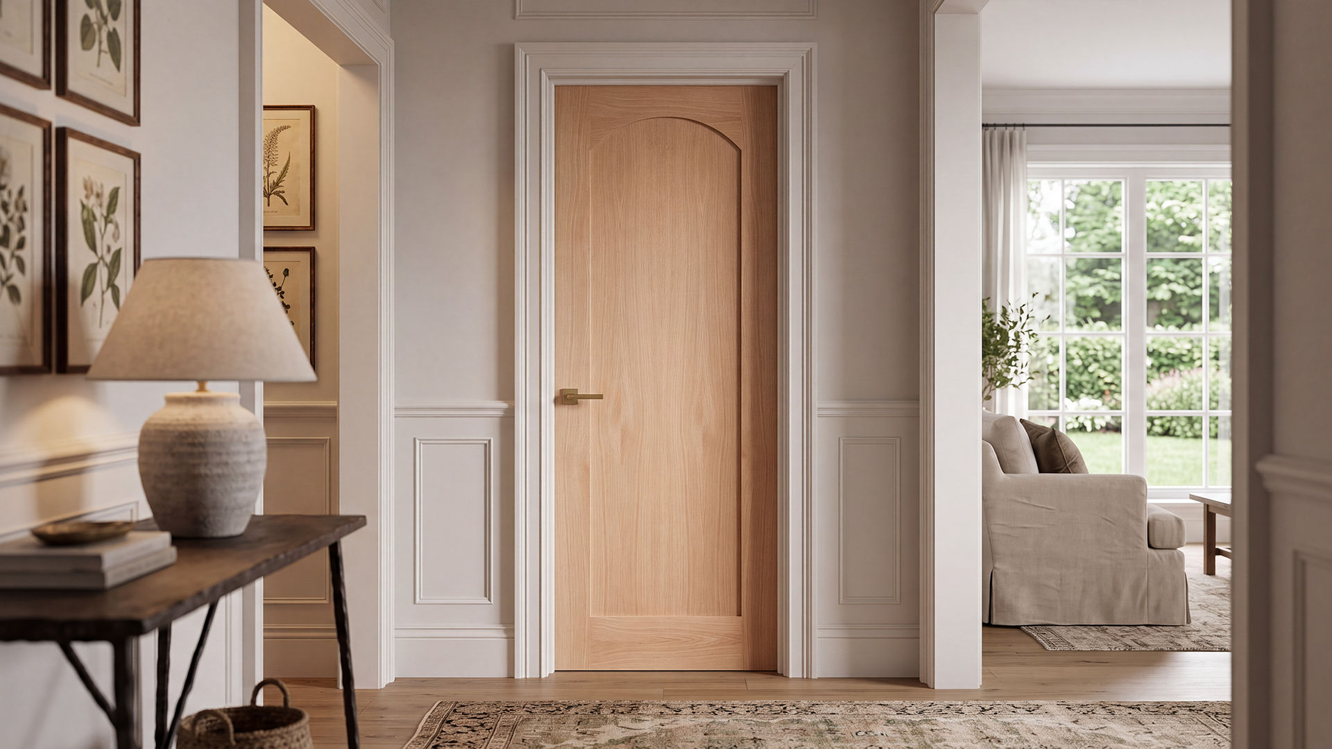 1-panel arch top Nordic Oak interior slab door installed in a modern minimalist living room setting