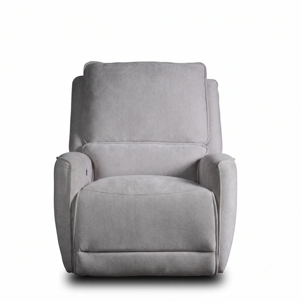 Rowan 34 inch fabric power recliner with USB and Type C charging, front view upright.