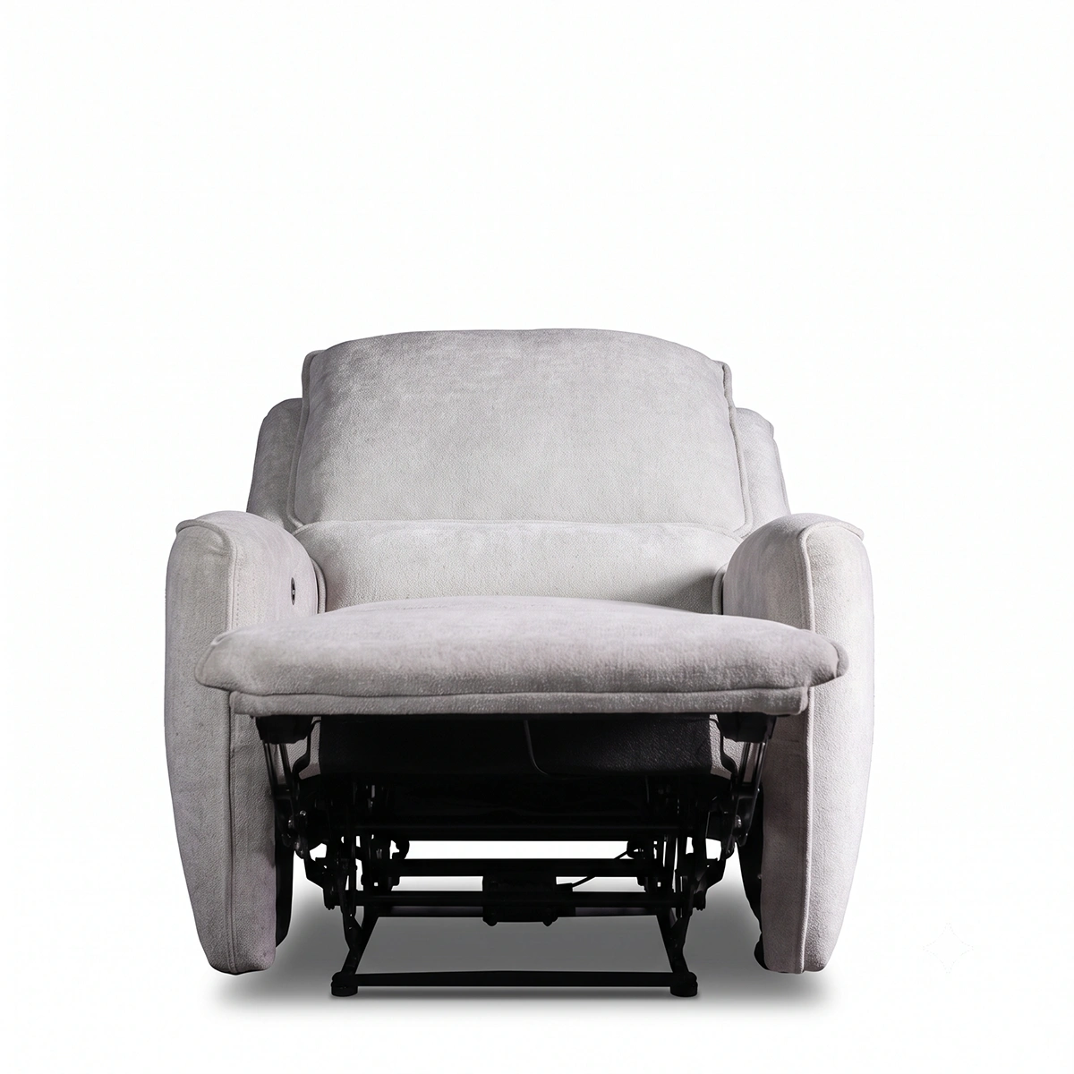 Rowan power recliner armchair with motorized footrest extended, front view.