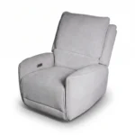 Three-quarter 30-degree profile view of Rowan fabric power recliner chair closed.