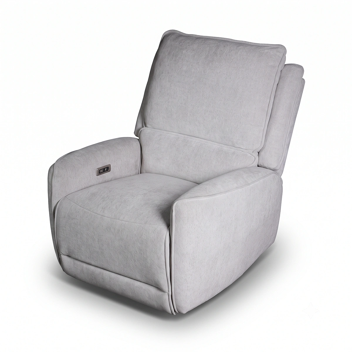 Three-quarter 30-degree profile view of Rowan fabric power recliner chair closed.