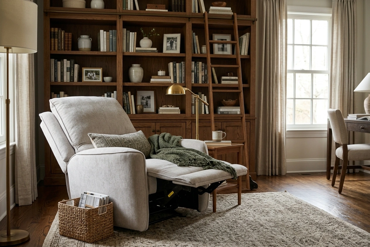 3D lifestyle rendering of Rowan fabric power recliner armchair in a modern executive study and home library.