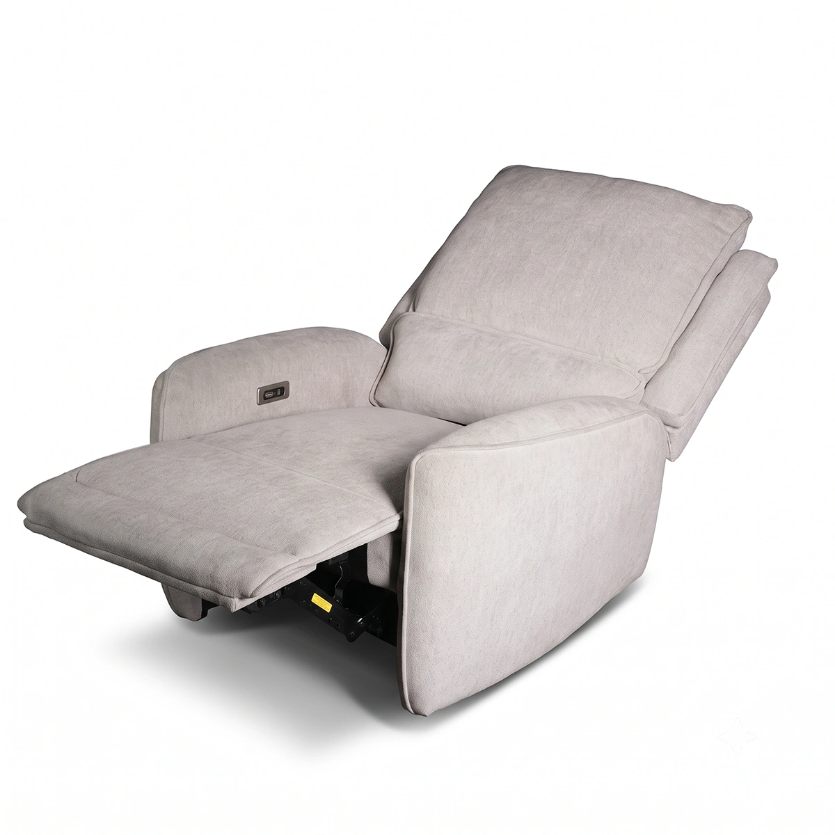 30-degree side profile of Rowan single seat power recliner in full lounge recline position.