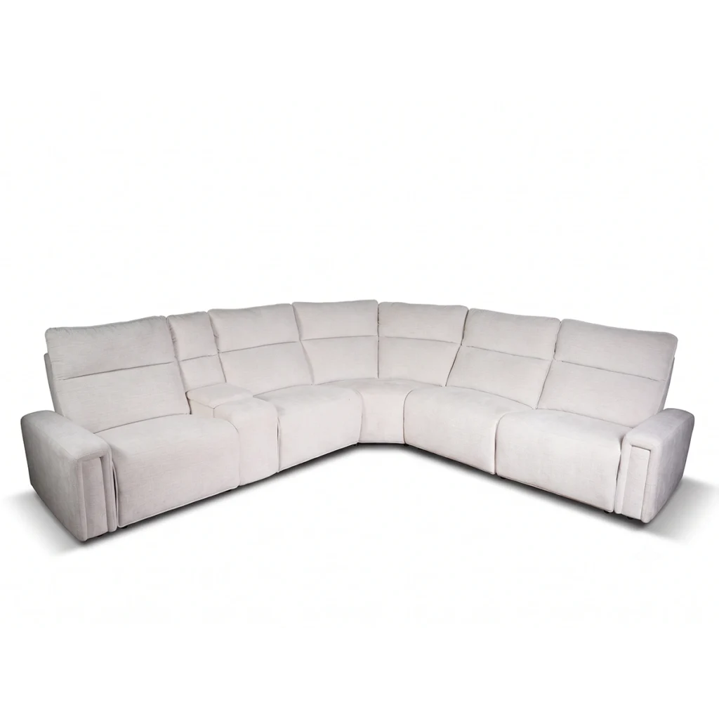 Stirling 136 inch 6-piece modular curved fabric power reclining sectional sofa with console in cream, full front perspective.