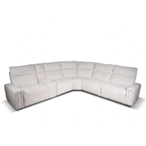 Stirling 136 inch 6-piece modular curved fabric power reclining sectional sofa with console in cream, full front perspective.