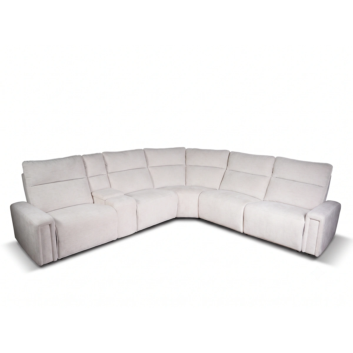 Stirling 136 inch 6-piece modular curved fabric power reclining sectional sofa with console in cream, full front perspective.