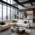 3D lifestyle rendering of Stirling 136-inch cream modular power reclining sectional sofa in a luxury reception hall and living area.