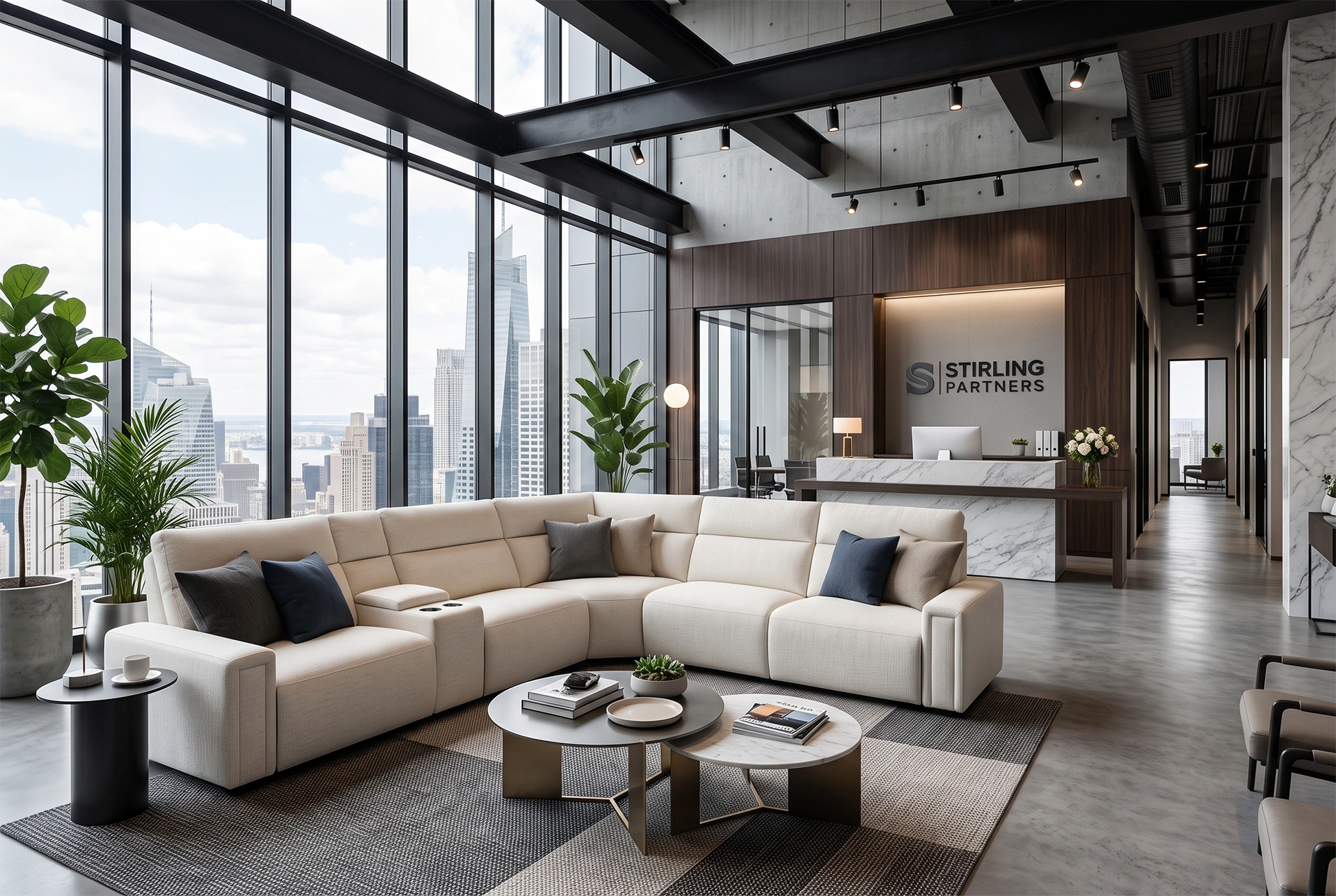 3D lifestyle rendering of Stirling 136-inch cream modular power reclining sectional sofa in a luxury reception hall and living area.