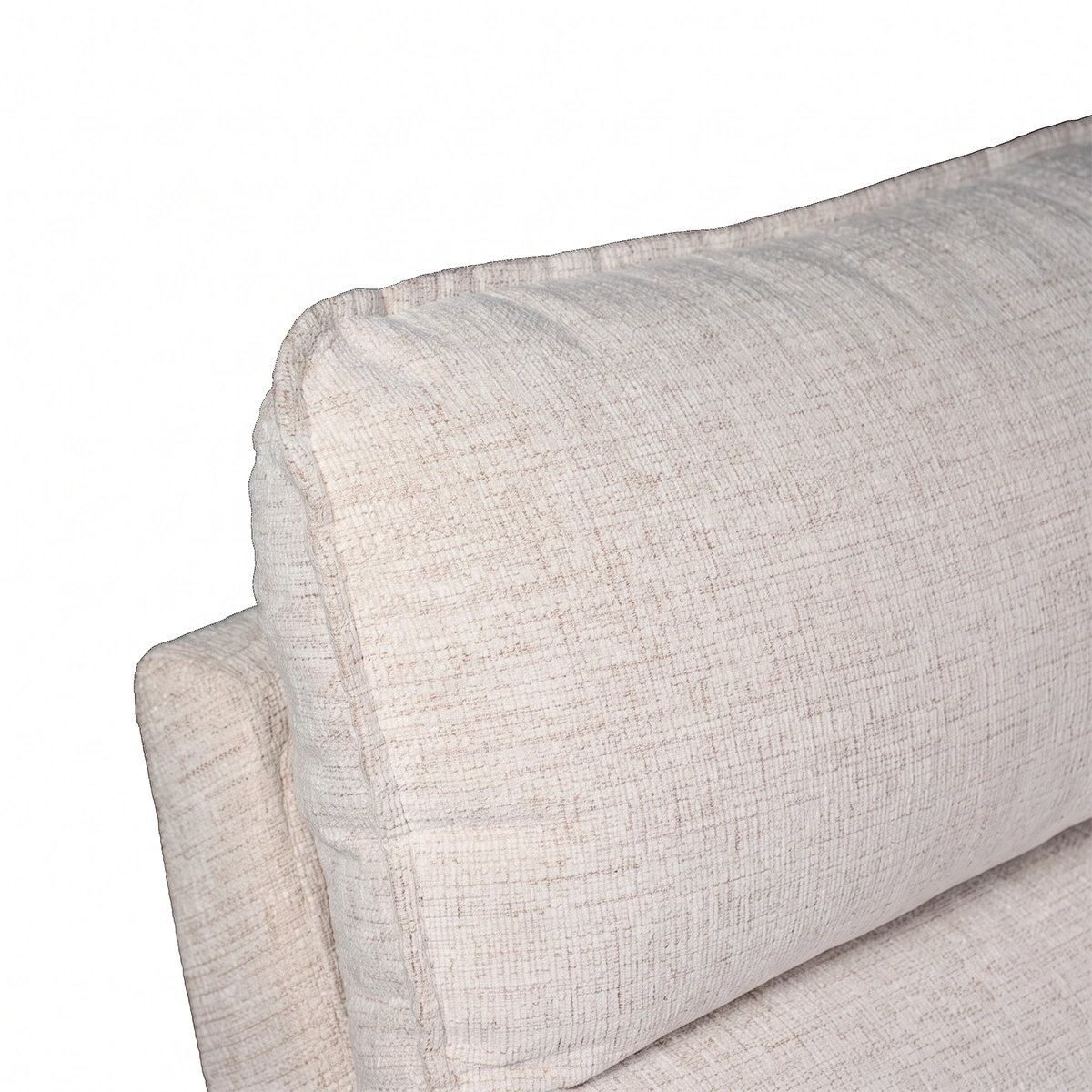 Close-up of ergonomic channeled backrest cushions tailored in premium cream textured fabric.