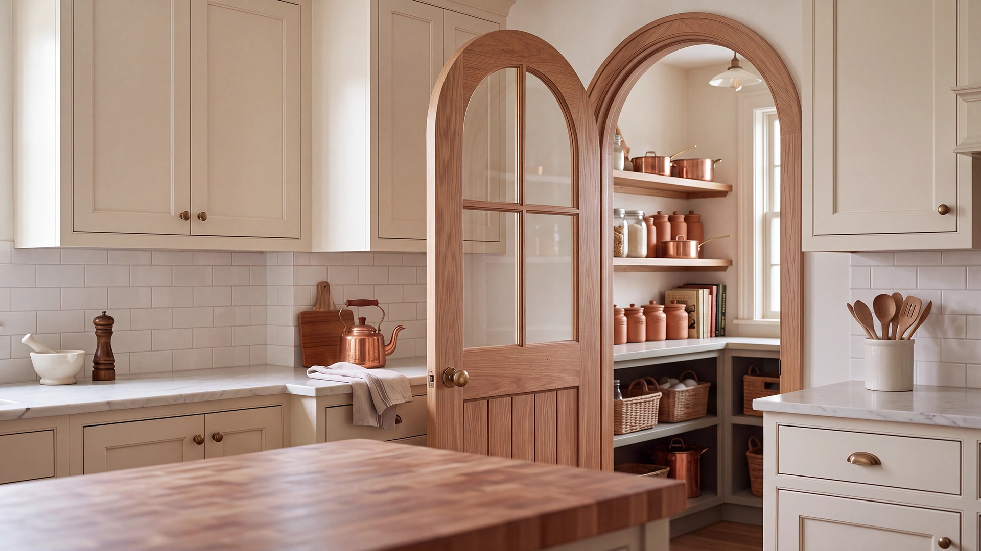 True Radius Arch 4-Lite Planked interior door installed in a luxury transitional living and dining space