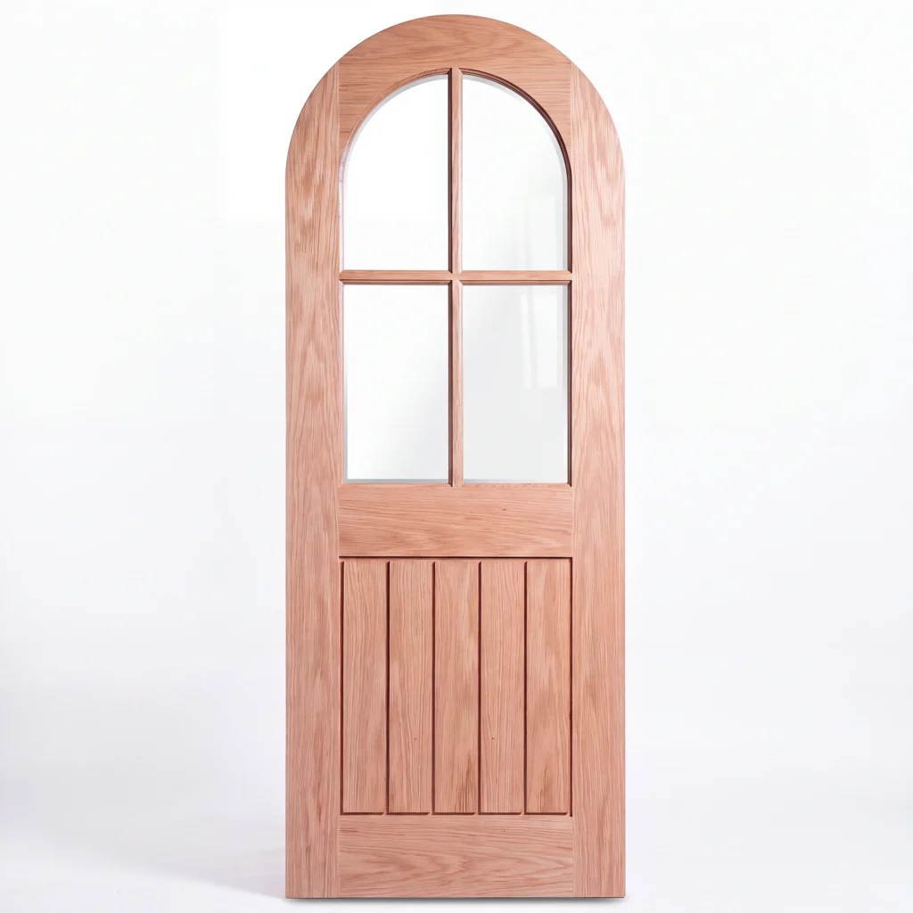 Front elevation of True Radius Arch 4-Lite Planked interior door in Nordic Wheat Oak finish