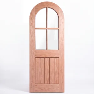 Front elevation of True Radius Arch 4-Lite Planked interior door in Nordic Wheat Oak finish