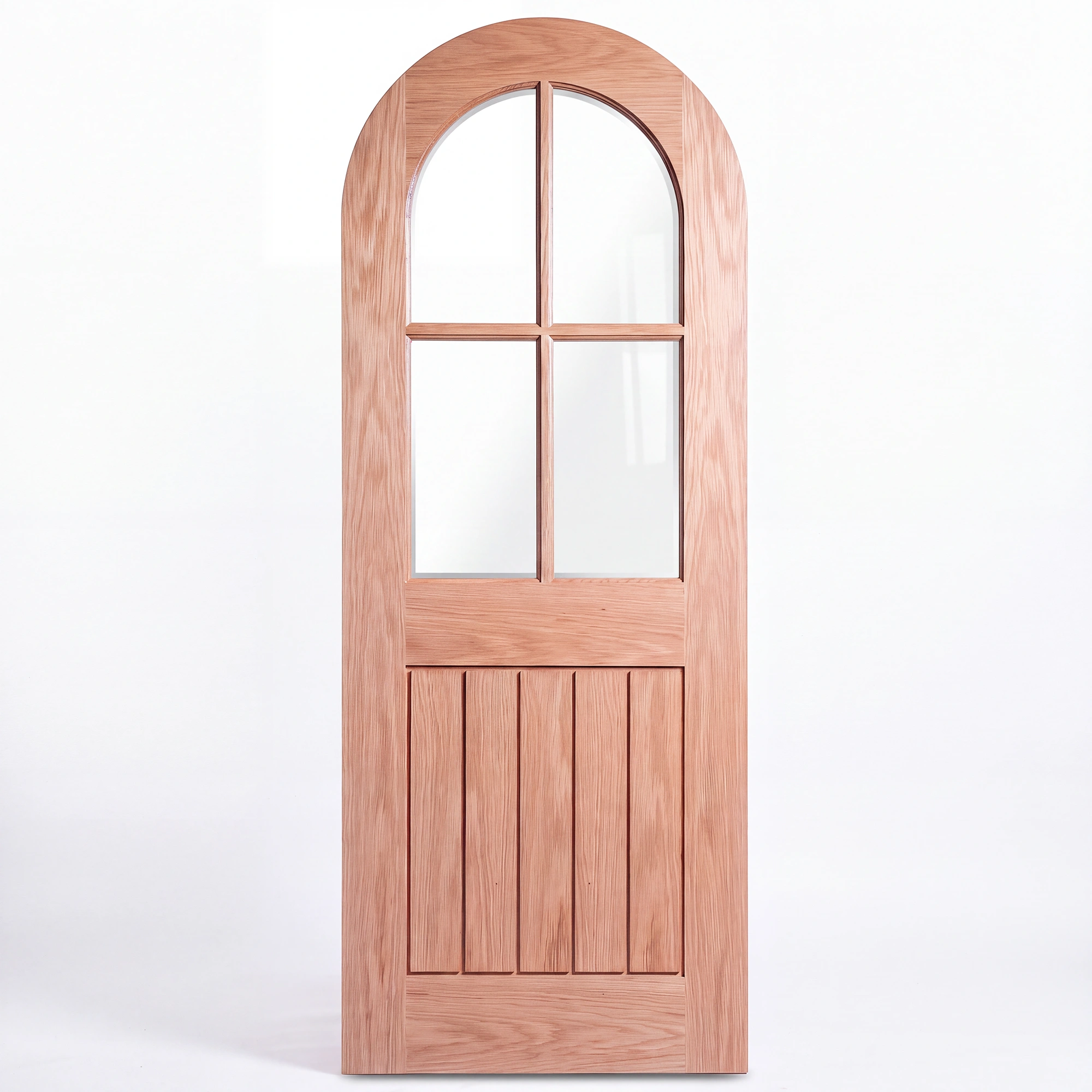 Front elevation of True Radius Arch 4-Lite Planked interior door in Nordic Wheat Oak finish