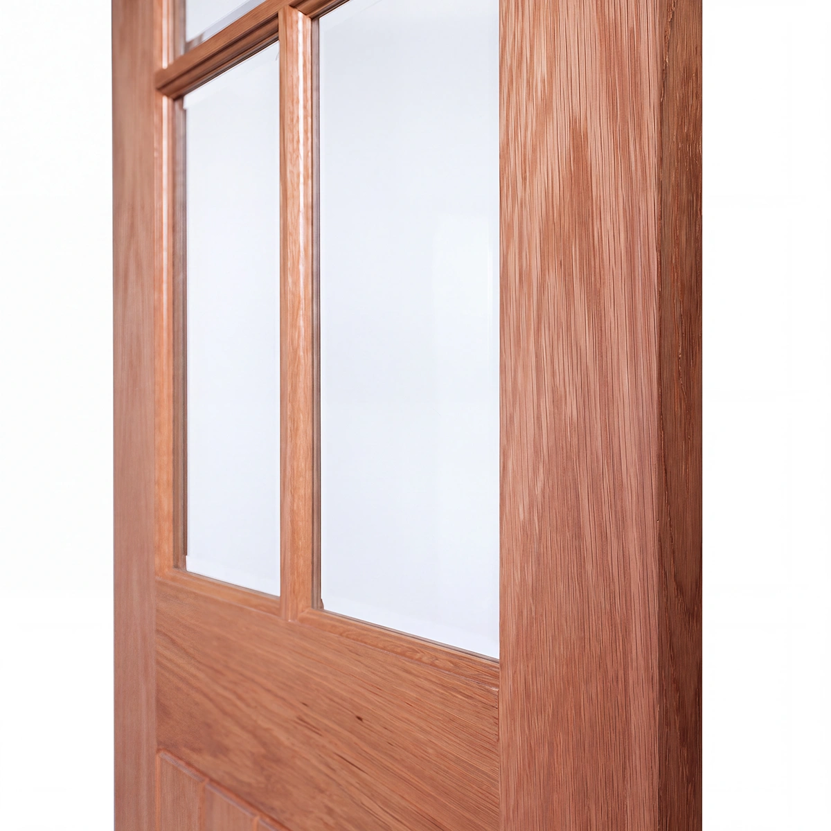 Macro close-up of 4-lite glazed muntin bars meeting vertical planked grooves on Nordic Wheat Oak door