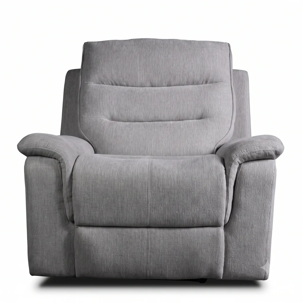 Wesley 42 inch fabric power recliner chair in light grey with tiered channel back, front view upright.