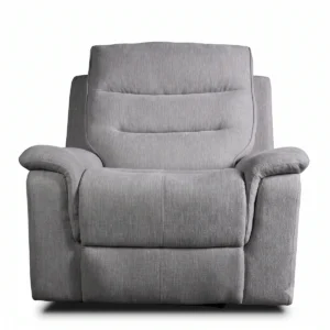 Wesley 42 inch fabric power recliner chair in light grey with tiered channel back, front view upright.