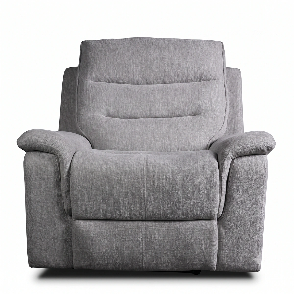 Wesley 42 inch fabric power recliner chair in light grey with tiered channel back, front view upright.