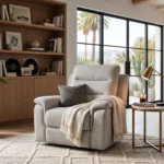 3D lifestyle rendering of Wesley 42-inch light grey power recliner chair in a bright transitional living room.
