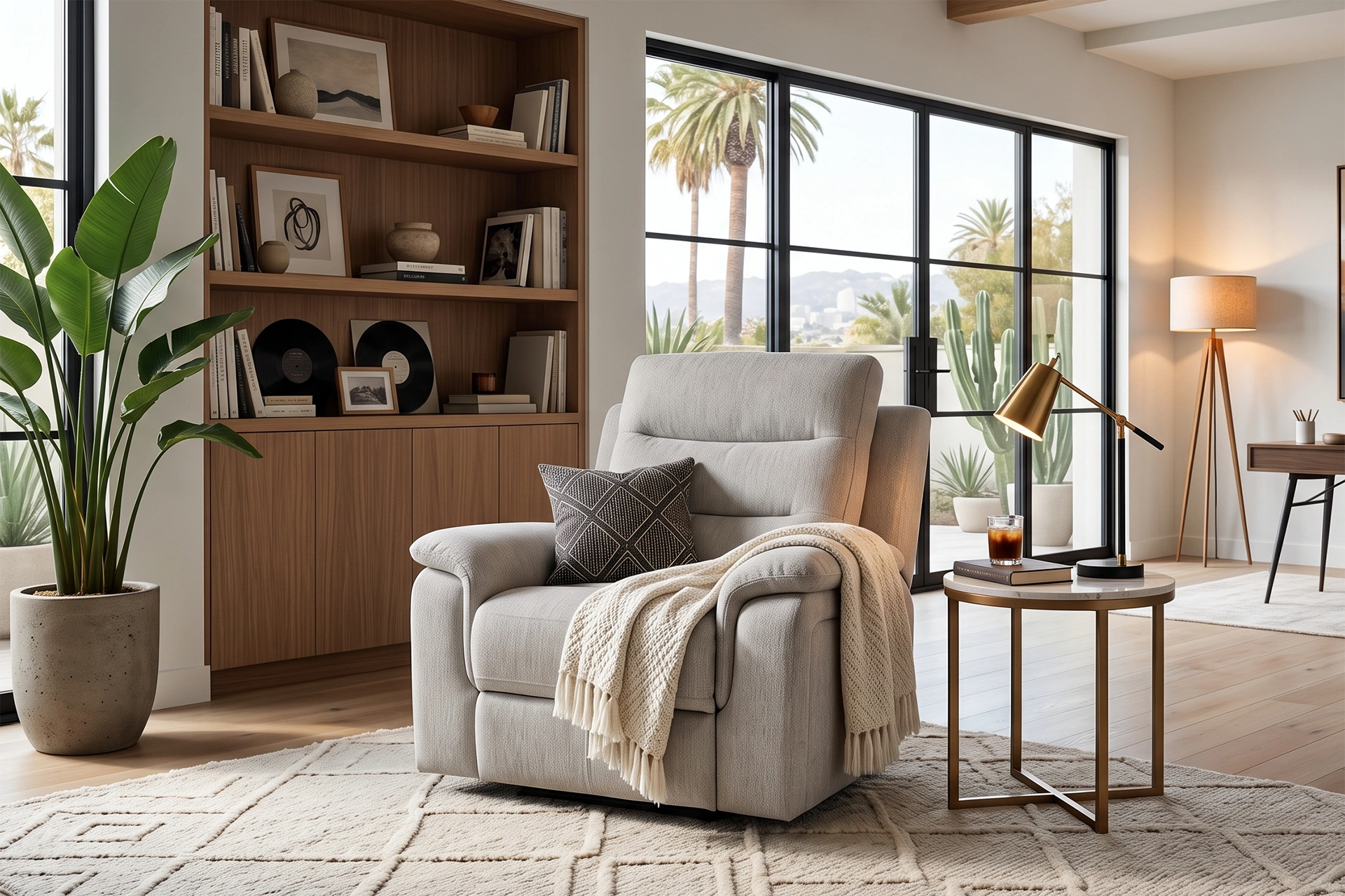 3D lifestyle rendering of Wesley 42-inch light grey power recliner chair in a bright transitional living room.
