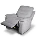30-degree side angle of Wesley fabric power recliner chair in full recline lounging position.