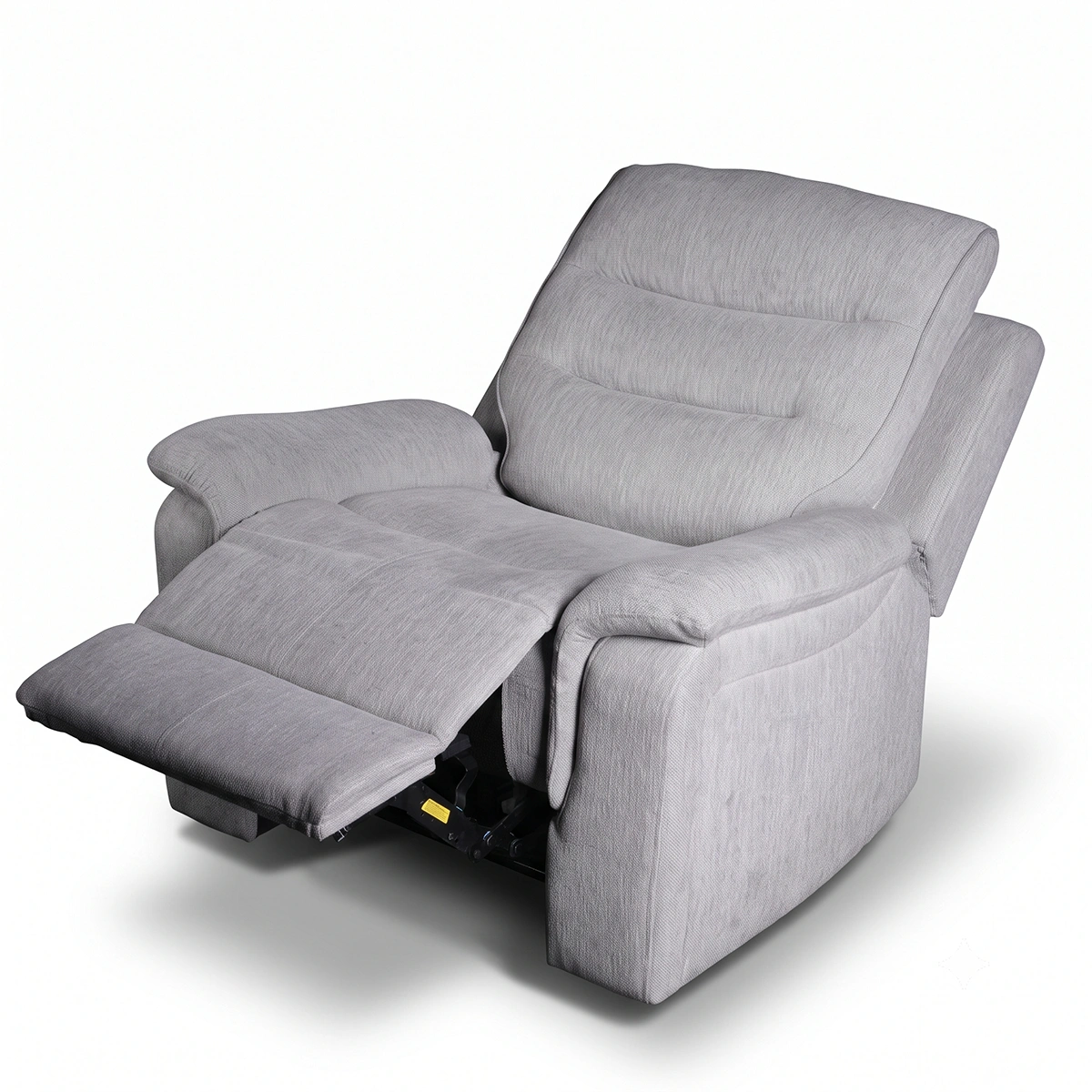 30-degree side angle of Wesley fabric power recliner chair in full recline lounging position.