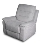 Three-quarter 30-degree side profile of Wesley light grey power recliner chair closed.