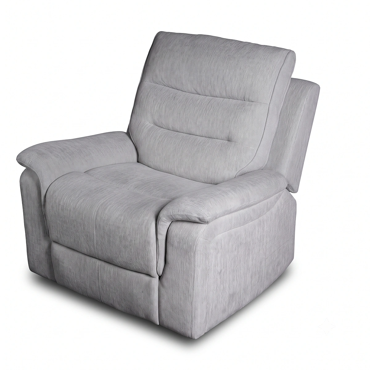 Three-quarter 30-degree side profile of Wesley light grey power recliner chair closed.