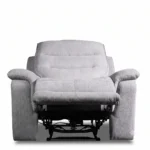 Wesley light grey fabric electric recliner chair with footrest fully extended, front view.