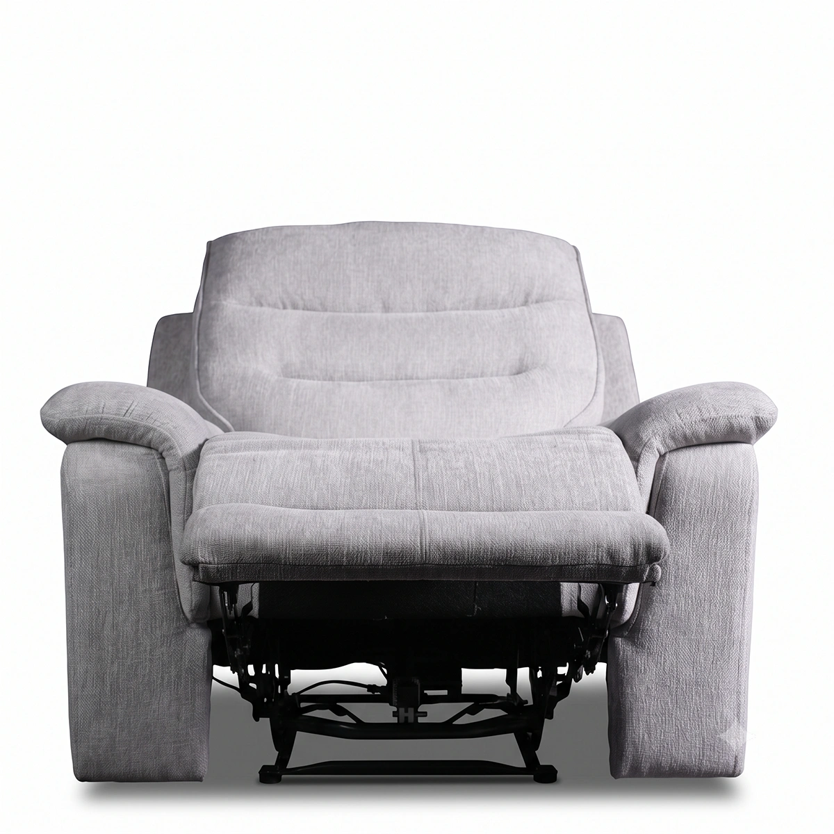 Wesley light grey fabric electric recliner chair with footrest fully extended, front view.